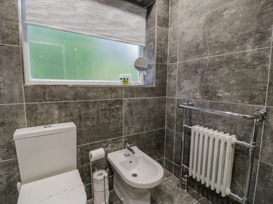 A bathroom with a toilet bidet radiator and a frosted window at Cae Lleci in Llanfachreth near Dolgellau