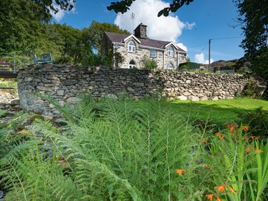 A stone house behind a stone wall with green plants and grass at Cae Lleci in Llanfachreth near Dolgellau
