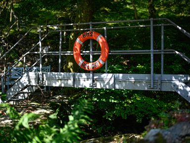 A metal bridge with an orange lifebuoy labeled HMS HOLIDAY in a forested area at Cae Lleci in Llanfachreth near Dolgellau