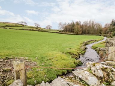 A green field with a stone wall and a narrow stream running through it at La'al Riddings in Lowick Green Riddings Farm Near Ulverston