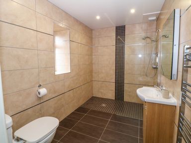 A bathroom with a toilet, sink, mirror, towel rack, and walk-in shower at Stabl in Pwllheli