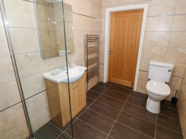 A bathroom with a sink cabinet mirror toilet wooden door and glass shower at Stabl in Pwllheli