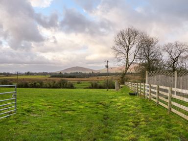 A grassy fenced field with leafless trees and hills in the background at Stabl in Pwllheli