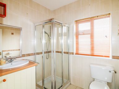 A bathroom with a shower cubicle sink vanity and toilet at The Trawler Blackwater County Wexford