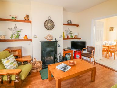 A living room with a green armchair wooden coffee table and fireplace at The Trawler in Blackwater County Wexford