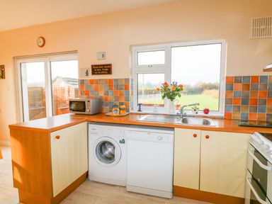 A kitchen with a washing machine dishwasher microwave sink and flowers on the counter at The Trawler in Blackwater County Wexford
