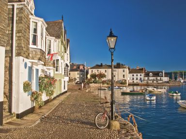 A cobblestone street with buildings flowers and boats in the water at Moorings in Kingswear Devon