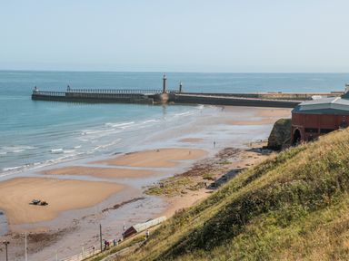 A beach with a pier extending into the sea and a grassy hill on the right at West Cliff Apartment in Whitby
