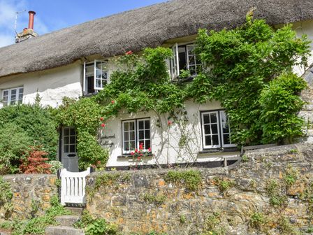 An exterior view of a white cottage with a thatched roof surrounded by greenery and flowers at Rookwood in Drewsteignton