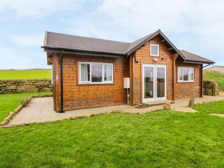 A wooden cabin with white framed windows and doors on a stone patio surrounded by grass at Borah Lodge in Mousehole