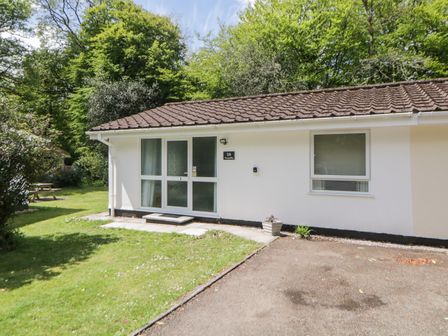 A single story house with a tiled roof a glass front door and a window surrounded by trees and grass at Tranquillity Rosecraddoc Lodge near Liskeard