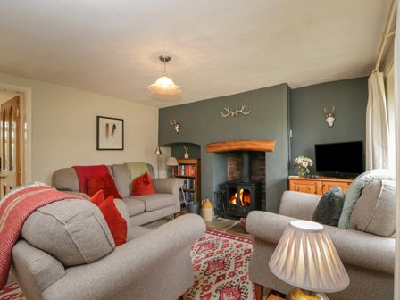 A living room with two sofas a fireplace and a television at Horseshoe Cottage in Whichford near Hook Norton