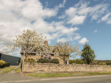 A stone house with flowering trees and a stone wall by a roadside at Baytree in Alnwick