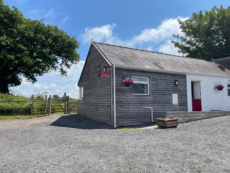 A small cottage with wooden siding and a red door surrounded by trees and a gravel driveway at Dairy Cottage Tavernspite near Narberth
