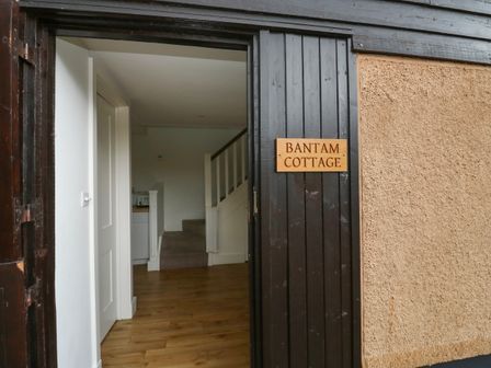 An open door with a wooden floor visible inside and stairs in the background at Bantam Cottage Little Woodford near Ottery St Mary