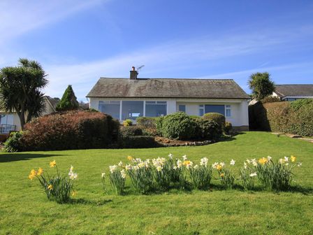 A white single story house with a sloped roof and shrubs in front with daffodils in the lawn at Camlan in Beaumaris