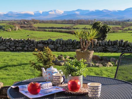 A garden table with a teapot two cups apples a plant and a magazine with fields stone wall and mountains in the background at Cosy Barn in Llangaffo
