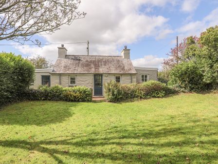 A small stone cottage with two chimneys surrounded by bushes and a lawn at Ffrwd Cottage in Bodorgan