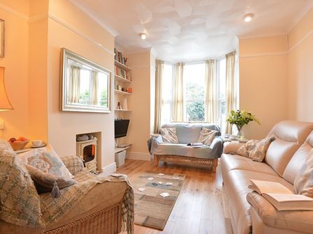 A living room with sofas a mirror a carpet and a small fireplace at Morfin in Criccieth