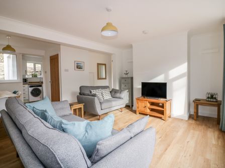 A living room with gray sofas and a television on a wooden stand at Avalon in St Agnes