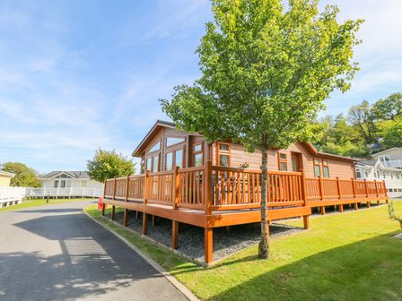 A wooden cabin with a wraparound deck and a tree in front at Serendipity - Heritage Park Stepaside near Kilgetty