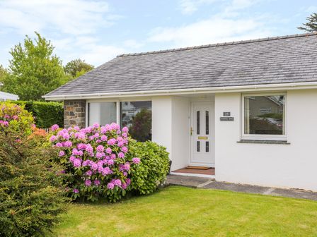 A single-story house with a stone and white exterior with flowers and bushes in front at Garreg Wen in Criccieth