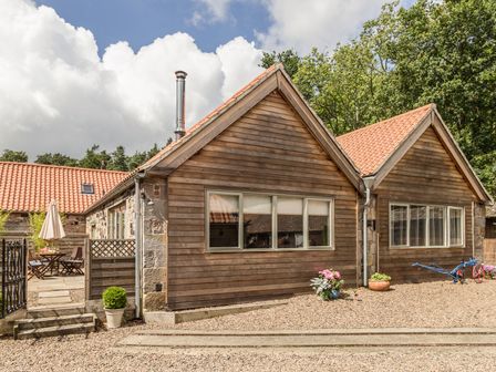 A wooden house with two large windows potted plants and a gravel yard at Sawmill Cottage in Belford near Bamburgh