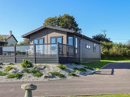 A single story cabin with glass and wood railing on the porch and plants in gravel outside at Birch Lodge in Teigngrace near Newton Abbot