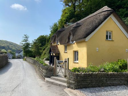 A yellow thatched cottage with a garden wall and gate beside a country road at Old Maids Cottage in Woolacombe
