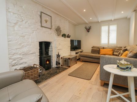 A living room with a wood-burning stove fireplace a gray sofa with cushions a small white table with teacups a television and a wicker basket at Riversdale Cottage in Wadebridge