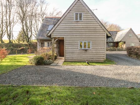 A wooden house with a gravel driveway and grass lawn surrounded by trees at Honeypot Lodge in Camelford