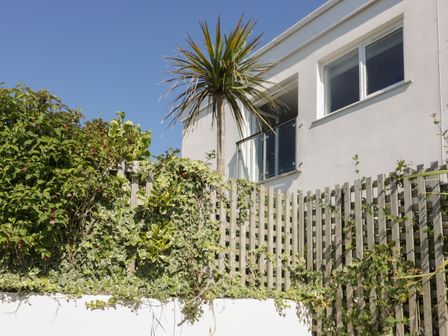 A balcony with glass railing on a white building behind a wooden fence with climbing plants at The Lookout in Newquay