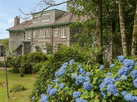 A stone house with multiple windows surrounded by green bushes and blue hydrangea flowers at Sethera in Ambleside