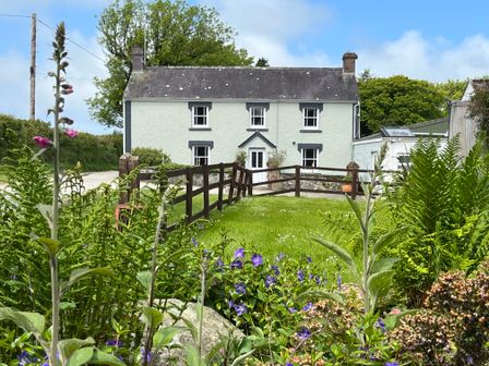 A white two-story house with gray roof and black trim surrounded by a garden with flowers and greenery at The Farmhouse in Newport Pembrokeshire