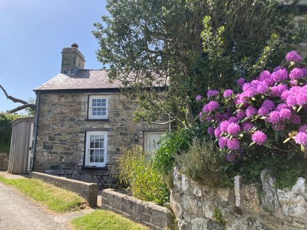 A stone cottage with flowers and chairs outside at West End Cottage in Newport, Pembrokeshire