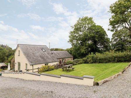 A cottage with a grassy yard and picnic table surrounded by trees at Gwyddno Lodge in Narberth Pembrokeshire