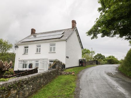 A white house with solar panels on the roof next to a paved road with a stone wall and trees at The Vale in Ashwater