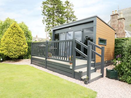 A small modern cabin with a wooden deck and railing in a garden with grass and trees at Cabin at the Tavern in Coupar Angus