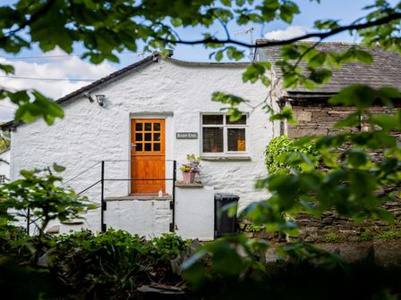 A white stone house with a wooden door and a window with flower pot outside at Barn End Ambleside