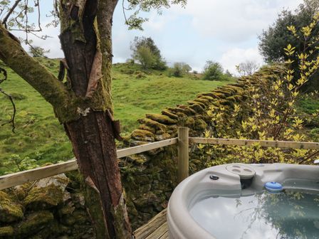 An outdoor hot tub on a wooden deck next to a tree and moss-covered stone wall with grassy hills in the background at Lake Lodge Studio in Bowness