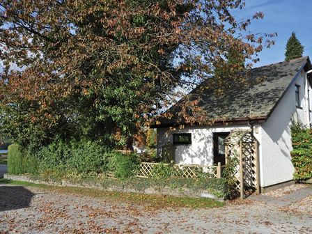 A small house with a fenced garden and a large tree at Lakefield Cottage in Hawkshead