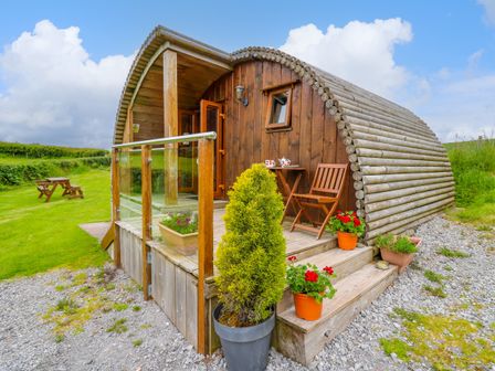 A wooden cabin with glass railing and potted plants on a porch in a grassy area at Oak View in Llandovery