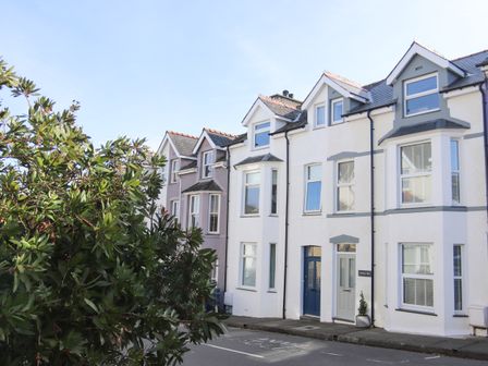 A row of terraced houses with bay windows and a tree in front at Galwad Y Mor in Criccieth