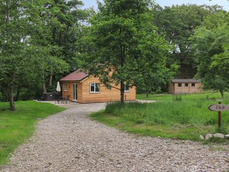 A small wooden cabin with a patio table and chairs on a gravel driveway surrounded by trees and grass at Park Brook Dell in Scorton