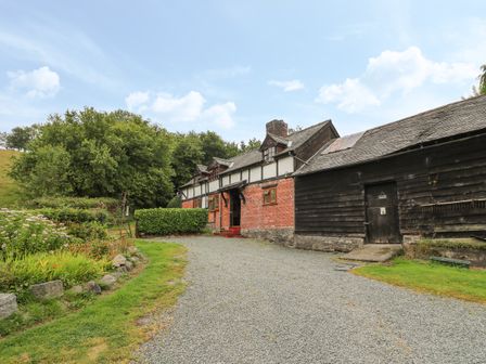 A gravel driveway leading to a half-timbered and brick house with adjacent black wooden shed and garden with trees and flowers at Caerau Farm House in Llanidloes