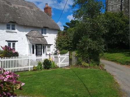 A white cottage with thatched roof and white picket fence beside a garden and a road at Furneaux Hatch in Churchstow