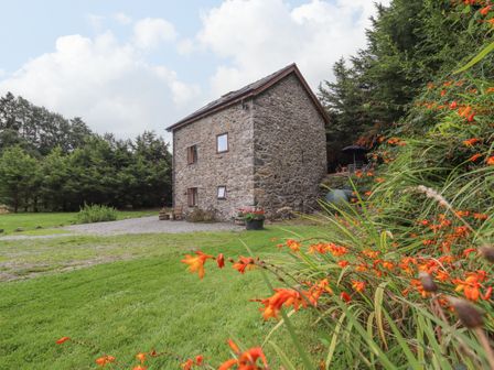 A stone house surrounded by grass with orange flowers in the foreground at Yr Hen Felin in Llanfyllin