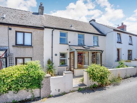 A row of terraced houses with small front gardens and shrubs on a street at Sea Pickle Cottage in Llangwm Pembrokeshire