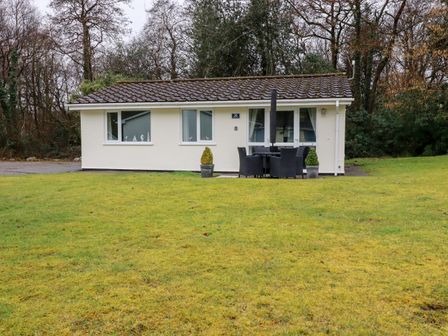 A small single-story house with a tiled roof surrounded by grass and trees at Blue Sky Cottage Rosecraddoc Lodge near Liskeard