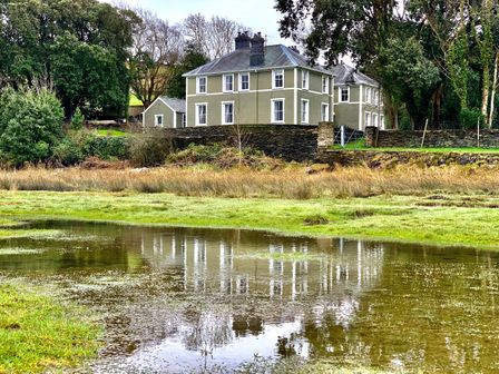 A green multi-story house with white window frames near a grassy area and a pond reflecting the house surrounded by trees at Mor Edrin in Ynys near Harlech